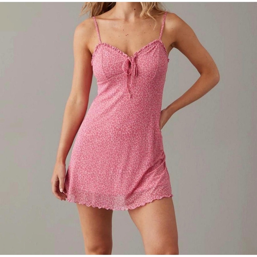 American Eagle Babydoll Mini Slip Dress XS Ditsy‎ Floral Pink Mesh Lettuce Hem